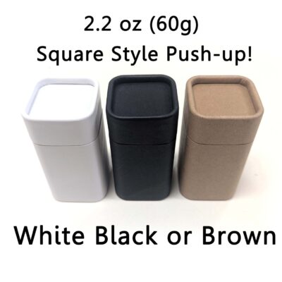 Empty cardboard deodorant container, square shape, push-up style container in brown, black or white color, 75g, 2.5 oz